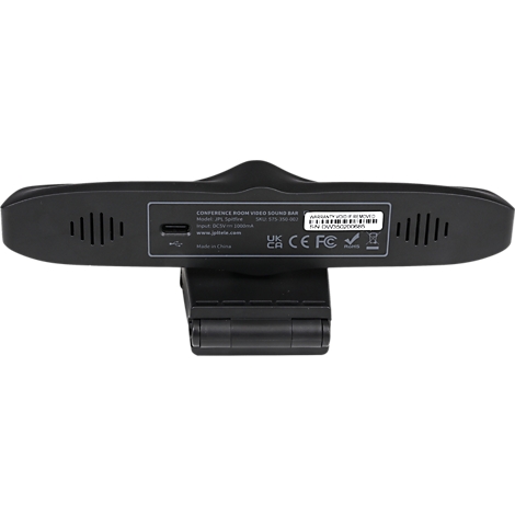 Zwarte video conferencing soundbar met luidspreker, USB-poort en labels. Bevestiging aan de onderkant.